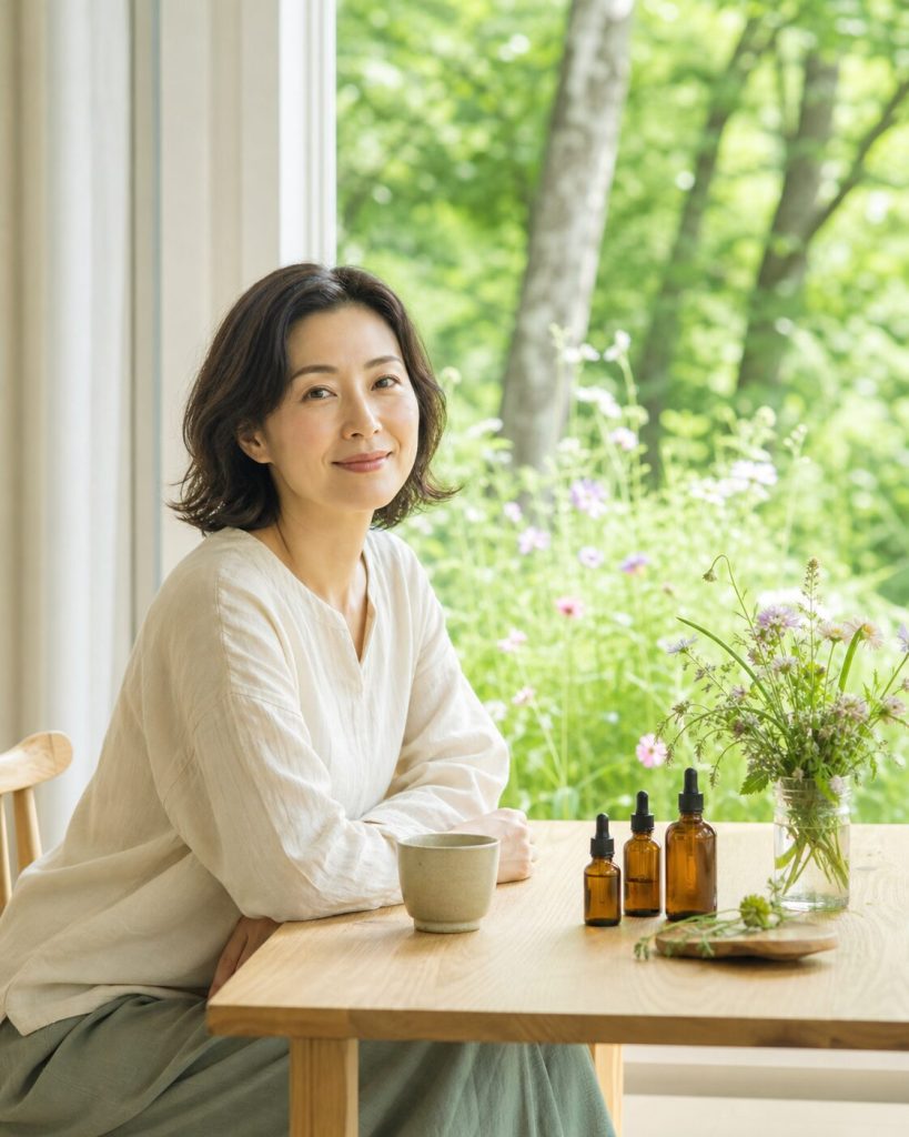 森を望む明るい部屋でフラワーエッセンスを用意して迎える女性
